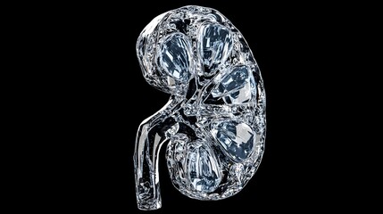 Poster - a highly detailed realistic 3D render of a kidney shape made entirely from clear transparent glass, showing inner lobes and subtle internal striations with no color at all, ultra-polished smooth