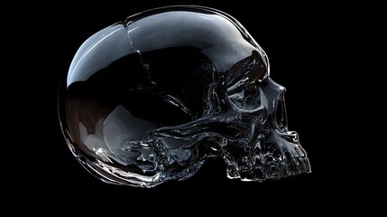 Poster - a highly detailed realistic 3D render of a human skull made entirely from clear transparent glass, showing detailed bone contours and hollow eye sockets with no color at all, ultra-polished smooth