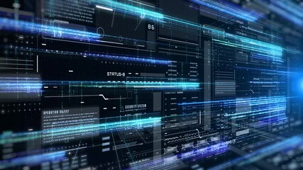 Fototapete - Technology digital grid line hologram big data landscape view concept. HUD UI system hologram, ai construction 4K motion background