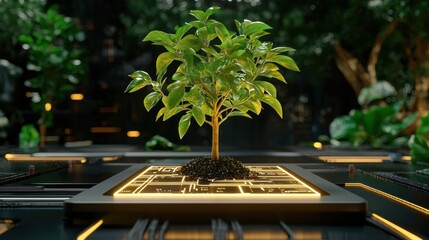 Poster - Fresh green tree sprouting from glowing electronic board representing sustainability