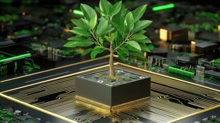 Poster - Fusion of organic growth and digital technology, tree sprouting from a tech circuit