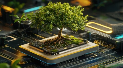 Poster - Futuristic scene of a lush tree sprouting from an electronic motherboard