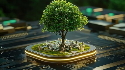 Poster - Futuristic scene of a lush tree sprouting from an electronic motherboard