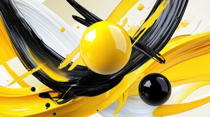 Poster - High-energy black and yellow abstract art featuring wild brush stroke patterns