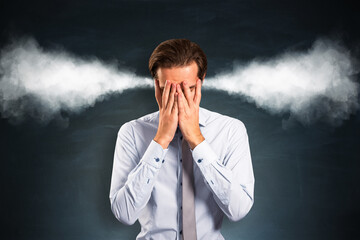 Poster - Frustrated businessman covering face with palms as steam symbolically bursts from head against dark background concept of stress and burnout.
