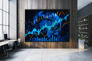 Fototapete - Large digital screen displaying forex and stock market data with colorful financial graphs in modern office interior with wood panel design. 3D Rendering