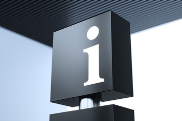 Aufkleber - Closeup of modern information icon sign in black on metal pole with abstract ceiling background in minimal light environment. 3D Rendering