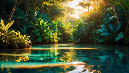 tropical jungle with lake water and sunlight