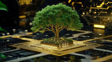 Poster - Tree emerging from electronic circuitry, representing fusion of natural and digital worlds.