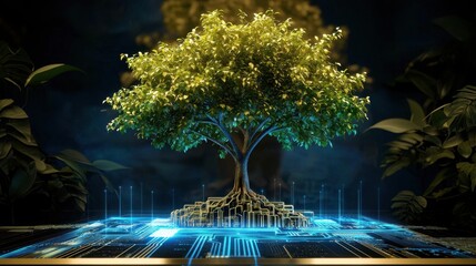 Poster - Tree of life rooted in a shining blue and silver circuit board under soft light