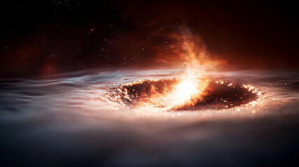 mesmerizing cosmic scene depicting swirling black hole with fiery energy emanating from its center, surrounded by starry
