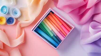 Poster - Soft pastels organized by color gradient, presented in an open box with a large blank area for custom messages