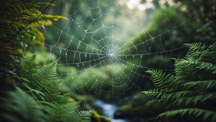 Spiderweb with Water Droplets in a Green Forest