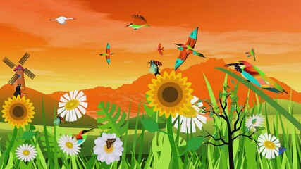 Wall Mural - meadow with flowers and butterflies