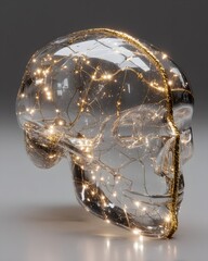 Poster - Transparent glass render of the human brain with delicate neural network suspended within, no base or color, smooth surface, detailed lighting highlights, solid black backdrop, realistic anatomy,