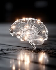 Poster - Transparent glass render of the human brain with delicate neural network suspended within, no base or color, smooth surface, detailed lighting highlights, solid black backdrop, realistic anatomy,