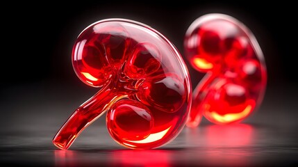 Poster - Polished glass kidney with transparent anatomical structure, elegant and medical, realistic render with shadow and reflection, black background, floating, no stand, high-res image with room for text