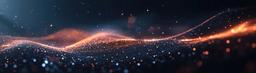 Poster - Abstract Digital Wave Background with Glowing Particles in Deep Blue and Orange Hues Creating a Dynamic Sparkly Effect Ideal for Modern Designs