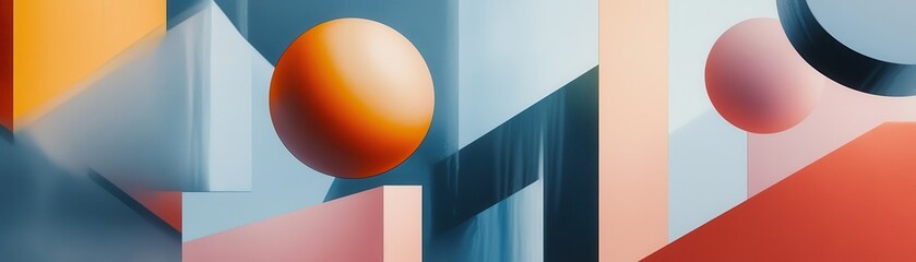 Poster - Abstract Geometric Composition with Spheres Triangles and Rectangles in Soft Orange Pink and Blue Colors Modern Minimalist Design on Neutral Background