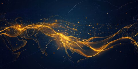 Poster - Abstract Golden Particle Wave Design on Dark Blue Background with Glowing Lights for Modern Art and Decorative Motion Graphics