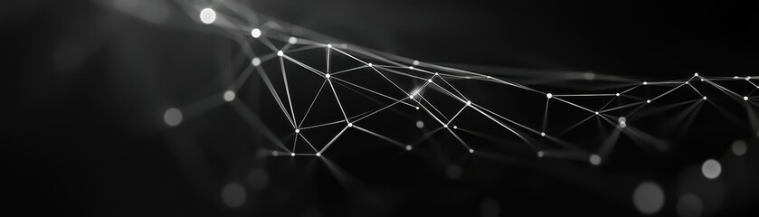 Poster - Abstract Network Connection on Dark Background Featuring Digital Data Structure with Geometric Lines and Nodes in Monochrome Rendering