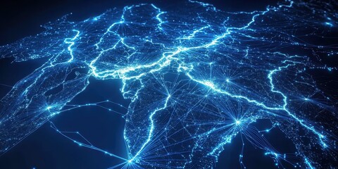 Aufkleber - Abstract Network Connection with Blue Light Data Transmission Over Dark Background Representing Modern Futuristic Technology and Global Communication System