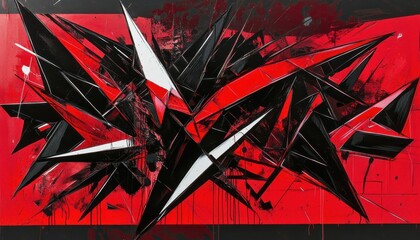 Poster - Abstract Painting with Geometric Shapes in Red Black and White Modern Art Creative Expression Sharp Lines and Bold Contrasts Acrylic Painting