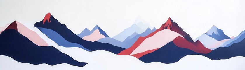 Fototapete - Abstract Pixel Art Mountain Range in Blue and Red Tones Against White Background Geometric Style Panoramic Landscape Pixelated Design for Modern Backgrounds and Creative Wallpapers