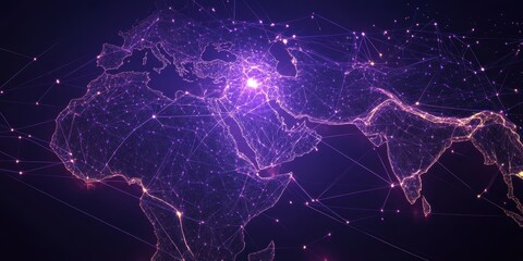 Poster - Abstract World Map of Connected Dots and Lines in Dark Violet Background Network Technology Concept Glowing Structure Global Communication System Visualization
