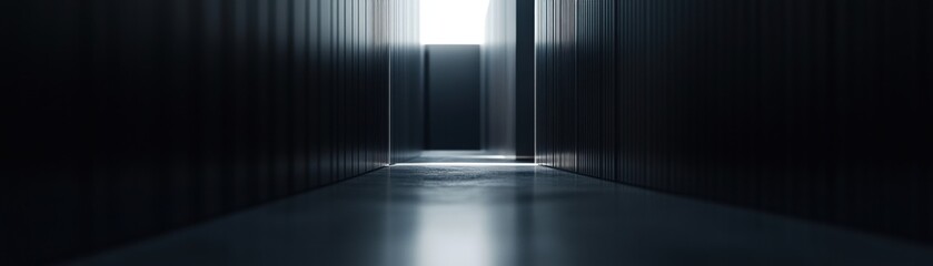 Aufkleber - Dimly Lit Hallway Featuring a Seemingly Endless Perspective View of Gray Walls and Flooring Leading to a Bright White Light Spot Creating a Tunnel Effect
