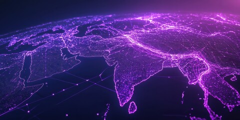 Leinwandbilder - Digital World Map of Asia with Glowing Pink and Purple Lights Data Network and Futuristic Design on Dark Background