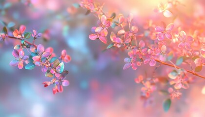 Poster - Dreamy Floral Scene with Pink Blossoms and Soft Pastel Colors Springtime Bloom Background in Warm Sunlight
