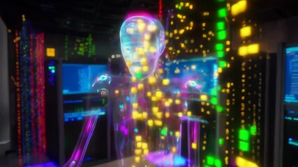 Poster - Abstract digital figure surrounded by colorful data in a tech environment  