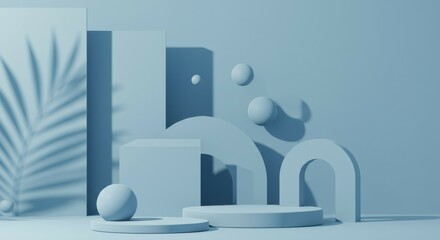 Aufkleber - Geometric Shapes on Platform with Palm Leaf Shadow Light Blue