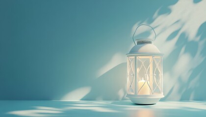 Poster - Elegant White Lantern with Glowing Candle on a Pastel Blue Surface Casting Intricate Shadow Patterns Against a Textured Wall for Decorative Still Life