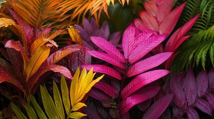 Aufkleber - Purplish-red ferns and palms add lush, tropical beauty to the scene, leaving plenty of space for a custom text overlay, perfect for vibrant designs.
