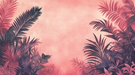 Aufkleber - Purplish-red ferns and palms create an inviting, lush backdrop, offering ample space for text overlay, adding depth and warmth to the design.