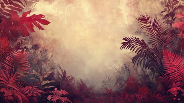 Purplish-red ferns and palms create an inviting, lush backdrop, offering ample space for text overlay, adding depth and warmth to the design.