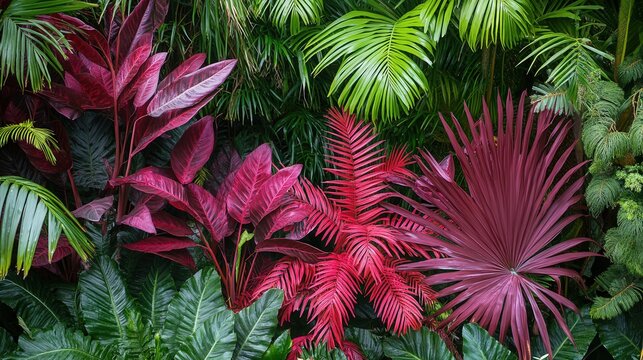 Purplish-red ferns and palms lend their rich colors to a lush and inviting environment, with plenty of space available for easy text overlay.