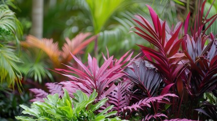 Aufkleber - Purplish-red ferns and palms lend their rich colors to a lush and inviting environment, with plenty of space available for easy text overlay.