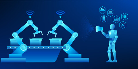  - Robot controlling a mechanical arm in a factory represents the new era of industrial innovation that uses AI to control the production process automatically to increase efficiency and reduce costs.