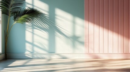 Aufkleber - Shadows of palm leaves on pastel walls create an understated tropical elegance in the empty room, reminiscent of a serene summer beach.