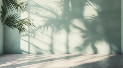 Aufkleber - Shadows of palm leaves on pastel walls create an understated tropical elegance in the empty room, reminiscent of a serene summer beach.