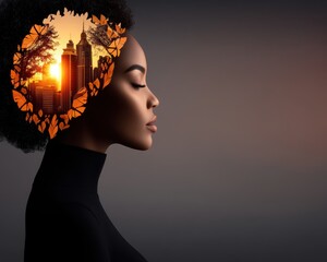 Poster - Enigmatic Profile with Overlay of Urban Landscape and Autumn Leaves Representing Transformation and Introspection at Sunset
