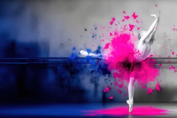 Poster - Elegant Dancer in a Splendid Display of Colorful Petals and Butterflies Reflecting Metamorphosis Through Artistic Double Exposure Technique