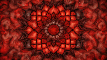 Poster - Vibrant Red Kaleidoscope Pattern with Intricate Floral Design and Symmetrical Elements