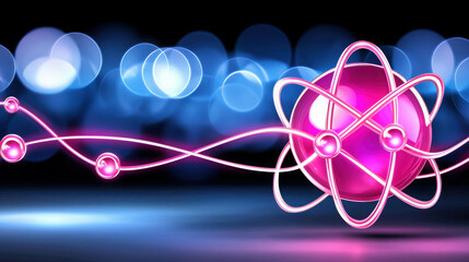 Poster - Abstract representation of an atom with colorful particles and light bokeh effects in background