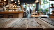 © CLOVER BACKGROUND - Rustic Wooden Board Table Surface in Front of Blurred Cafe Background