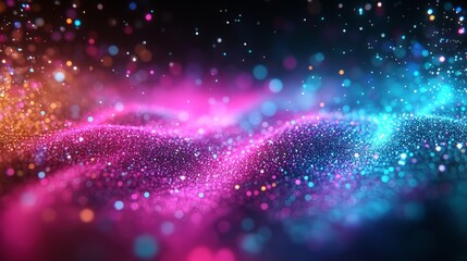 Poster - Celestial Dance: Abstract, undulating waves of vibrant, glowing particles, illuminated with the mesmerizing hues of space. Evokes a sense of cosmic wonder and celestial beauty.