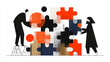 © Frenza - Minimalist flat illustration combining puzzle pieces and business concepts, symbolizing problem solving and cultural fit in a company